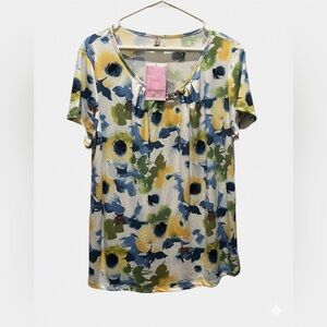 Liz & Lilli Blue & Yellow Floral Pleat Front Blouse - Size 2X - NWT